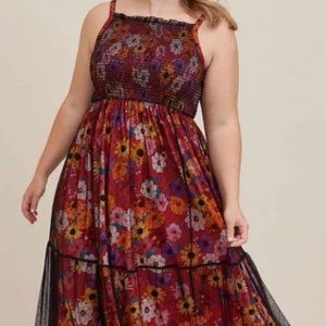 Red Floral Swiss Dot Mesh Tier Mid Black Dress TORRID NWT MINT Size 3